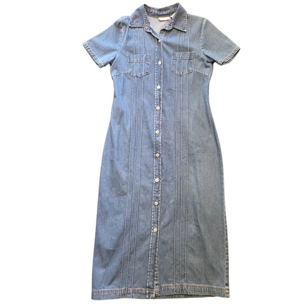 Vintage 90s Expressions Dress Women's Medium Blue Denim Button Down Long Maxi